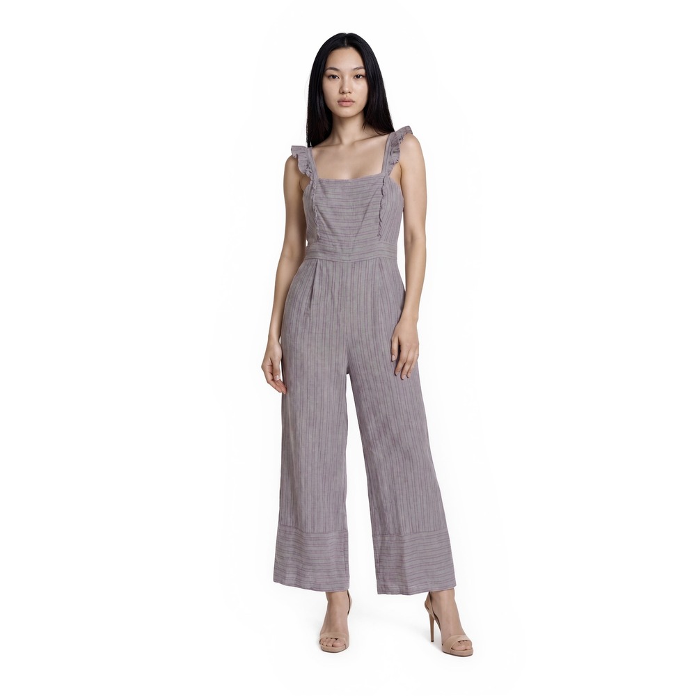 Elevenses Anthropologie 100% Linen Jumpsuit Women's Size 2 Gray Purple Wide Leg